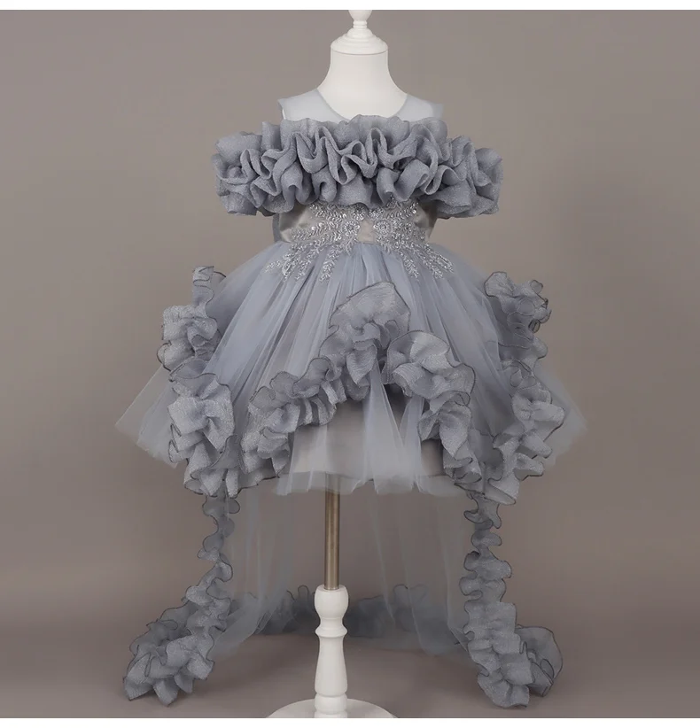 Kids Dress For Girls Ruffles Sleeve Flower Girl Gown Purple Birthday Evening Party Costume
