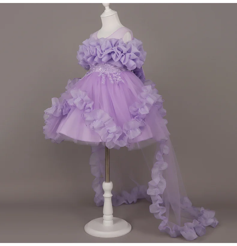 Kids Dress For Girls Ruffles Sleeve Flower Girl Gown Purple Birthday Evening Party Costume