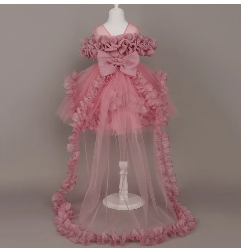 Kids Dress For Girls Ruffles Sleeve Flower Girl Gown Purple Birthday Evening Party Costume