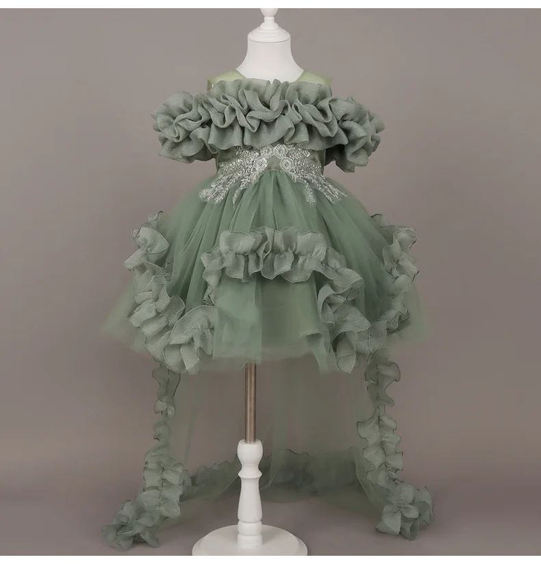 Kids Dress For Girls Ruffles Sleeve Flower Girl Gown Purple Birthday Evening Party Costume