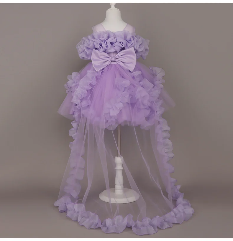 Kids Dress For Girls Ruffles Sleeve Flower Girl Gown Purple Birthday Evening Party Costume