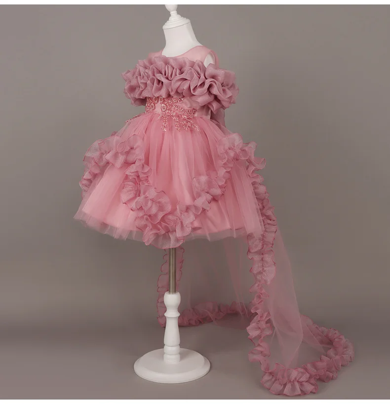 Kids Dress For Girls Ruffles Sleeve Flower Girl Gown Purple Birthday Evening Party Costume