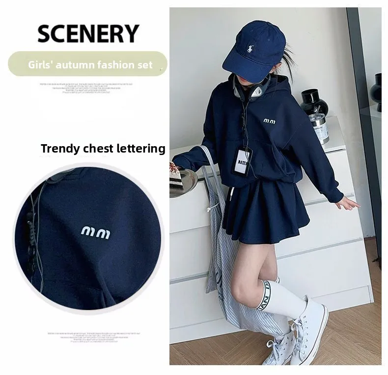 Girls Autumn Casual Outfit Set Two-Piece Long-Sleeve Top + Short Skirt Set Children's Clothing Set Suitable for Girls Aged 7-17