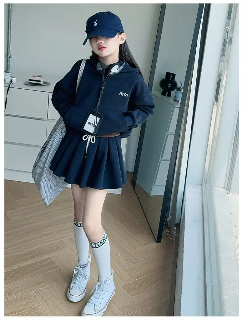 Girls Autumn Casual Outfit Set Two-Piece Long-Sleeve Top + Short Skirt Set Children's Clothing Set Suitable for Girls Aged 7-17