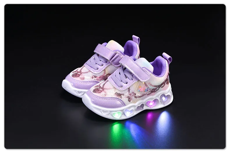 New LED Children Cute Cartoon Sequin Casual Sneaker for Children Shoes Girl Mesh Breathable Lighting Shoes Baby Illuminated Shoe