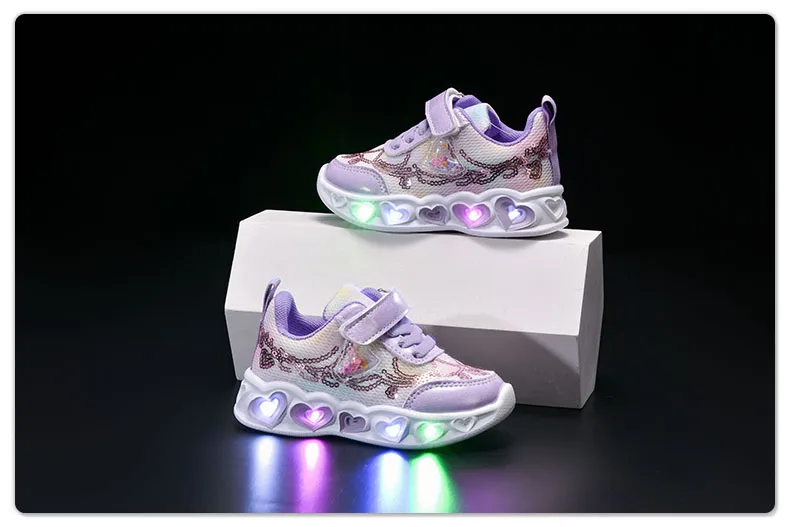 New LED Children Cute Cartoon Sequin Casual Sneaker for Children Shoes Girl Mesh Breathable Lighting Shoes Baby Illuminated Shoe
