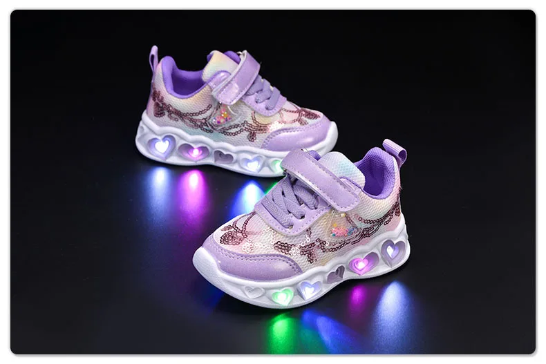 New LED Children Cute Cartoon Sequin Casual Sneaker for Children Shoes Girl Mesh Breathable Lighting Shoes Baby Illuminated Shoe