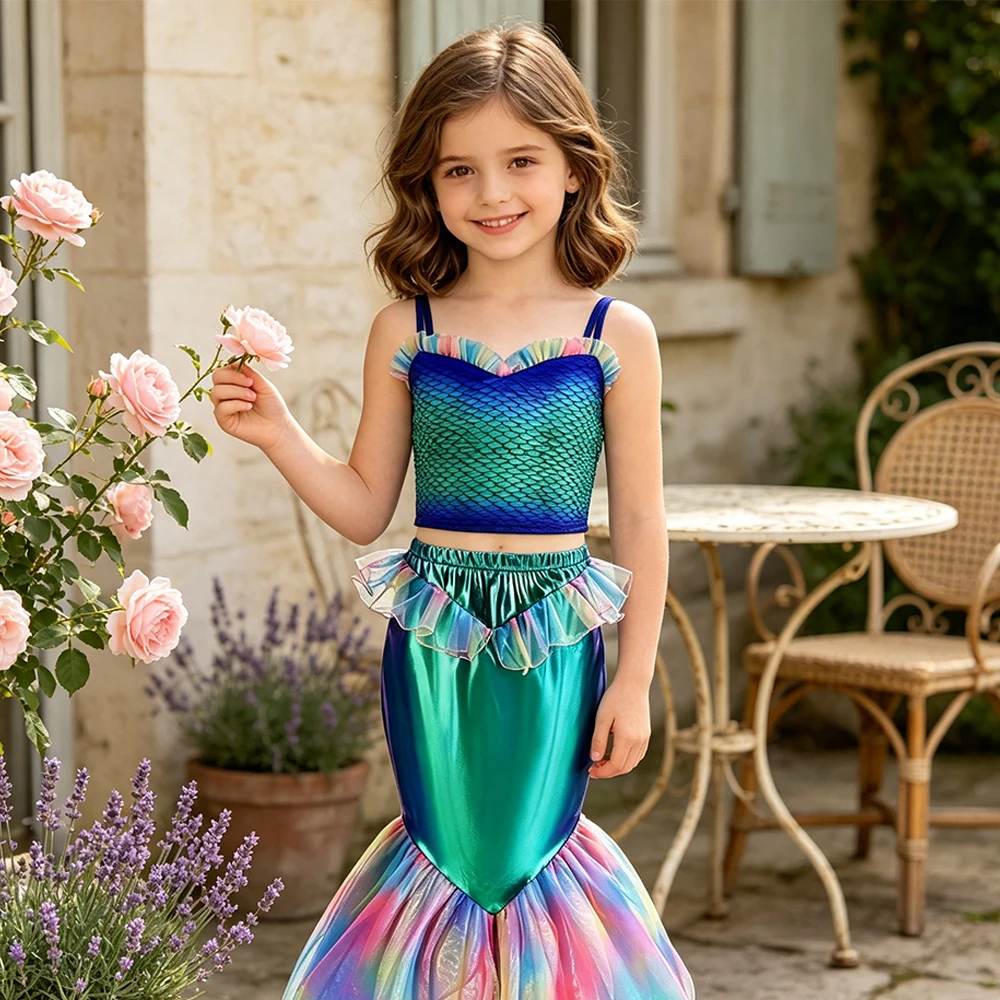 Girls Blue Mermaid Two Piece Dress Set for Birthday Party Halloween Costumes Princess Cosplay