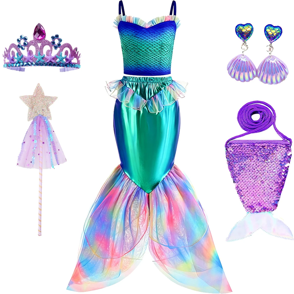 Girls Blue Mermaid Two Piece Dress Set for Birthday Party Halloween Costumes Princess Cosplay