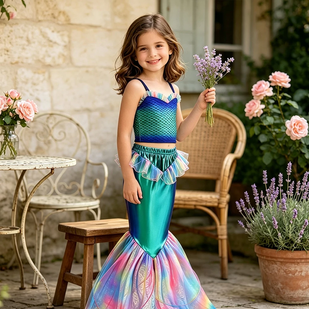 Girls Blue Mermaid Two Piece Dress Set for Birthday Party Halloween Costumes Princess Cosplay