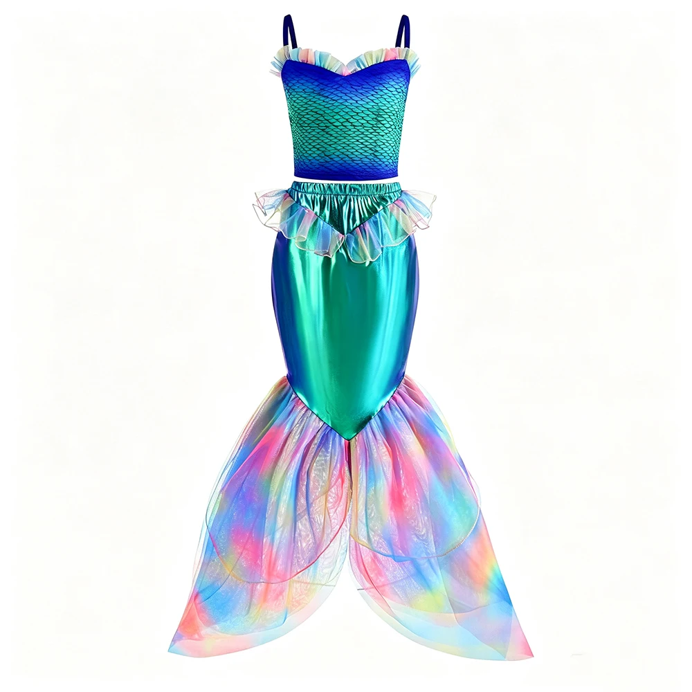 Girls Blue Mermaid Two Piece Dress Set for Birthday Party Halloween Costumes Princess Cosplay