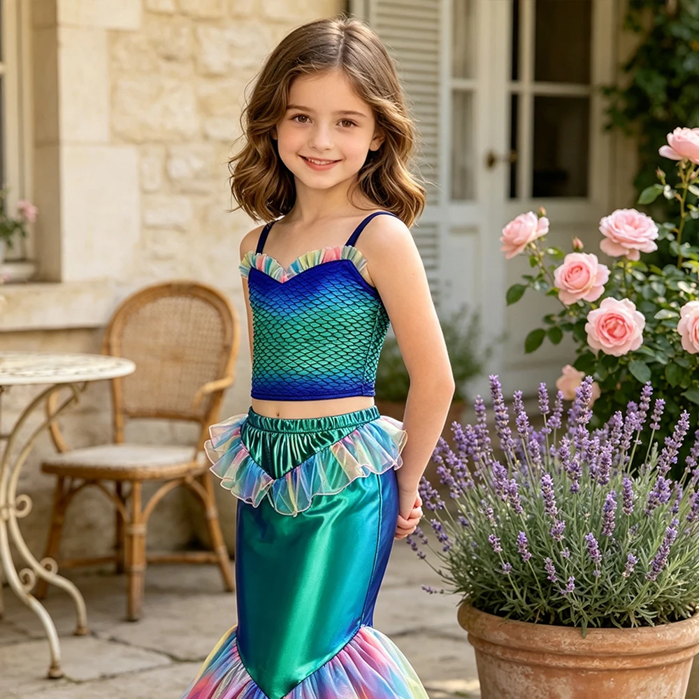 Girls Blue Mermaid Two Piece Dress Set for Birthday Party Halloween Costumes Princess Cosplay