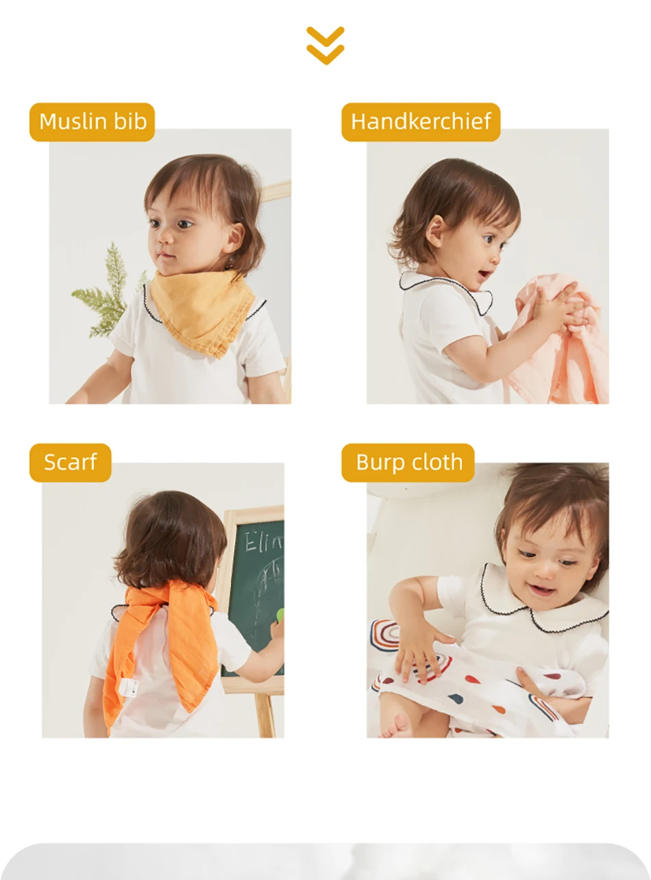 Happyflute 60x60CM Bamboo Cotton Muslin Square Towels 5-Piece Set Soft Gauze Wipes for Baby Face And Bath Newborn Baby Bibs
