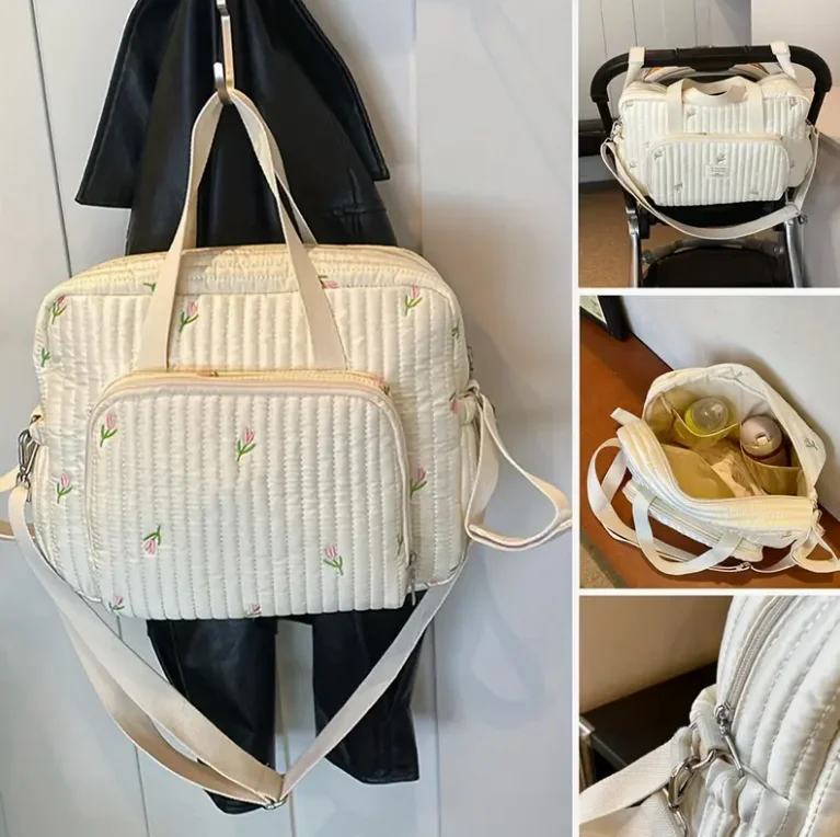 Nylon Crossbody Chic Bear & Tulip Embroidered Diaper Bag with Stroller Clip for Youngsters Travel Essentials