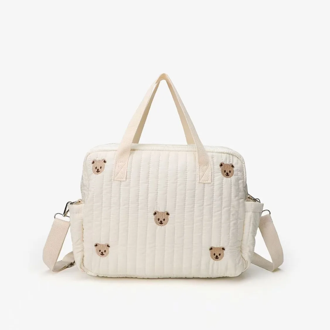 Nylon Crossbody Chic Bear & Tulip Embroidered Diaper Bag with Stroller Clip for Youngsters Travel Essentials
