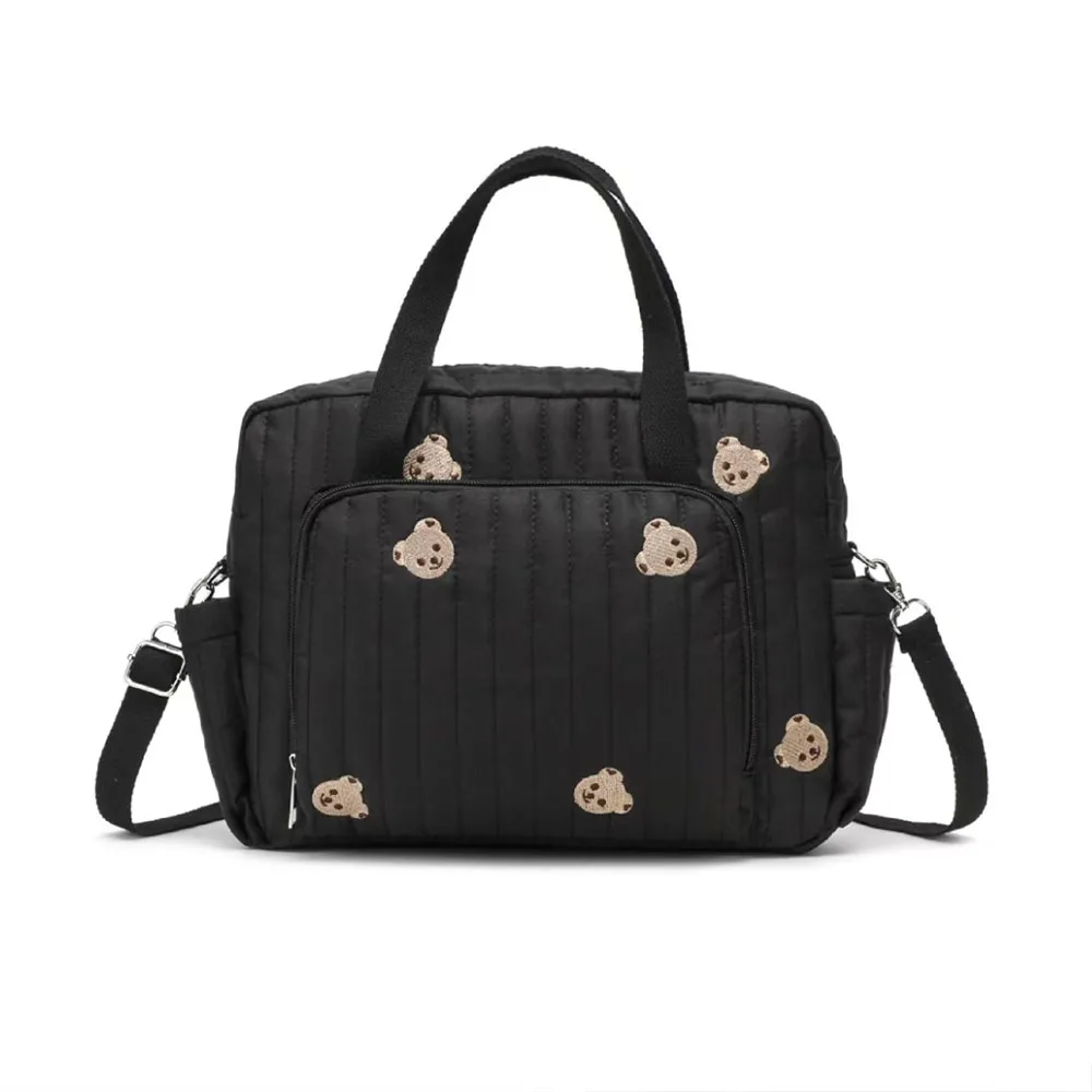 Nylon Crossbody Chic Bear & Tulip Embroidered Diaper Bag with Stroller Clip for Youngsters Travel Essentials