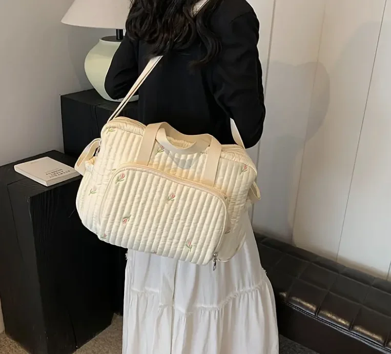 Nylon Crossbody Chic Bear & Tulip Embroidered Diaper Bag with Stroller Clip for Youngsters Travel Essentials