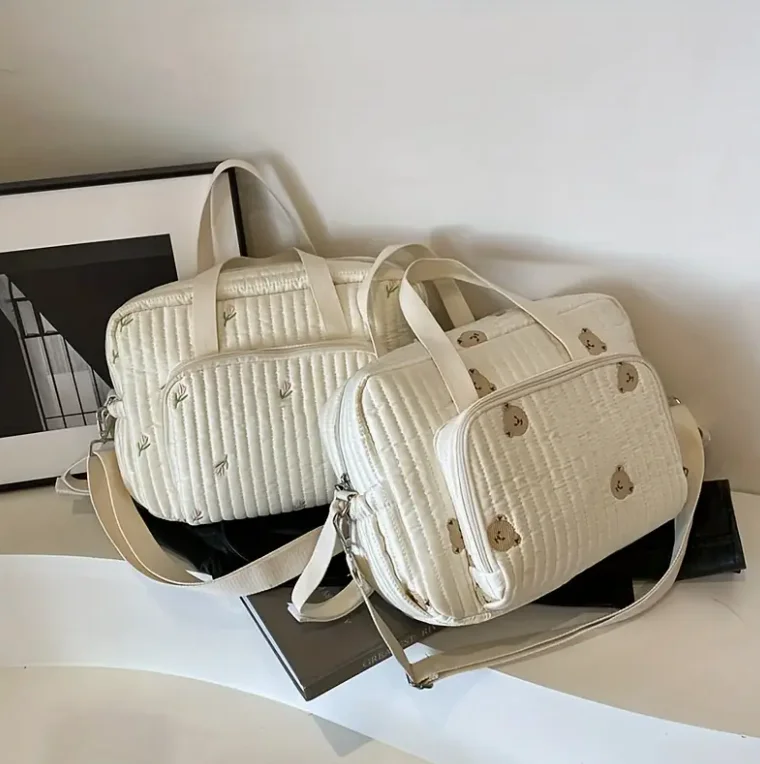 Nylon Crossbody Chic Bear & Tulip Embroidered Diaper Bag with Stroller Clip for Youngsters Travel Essentials