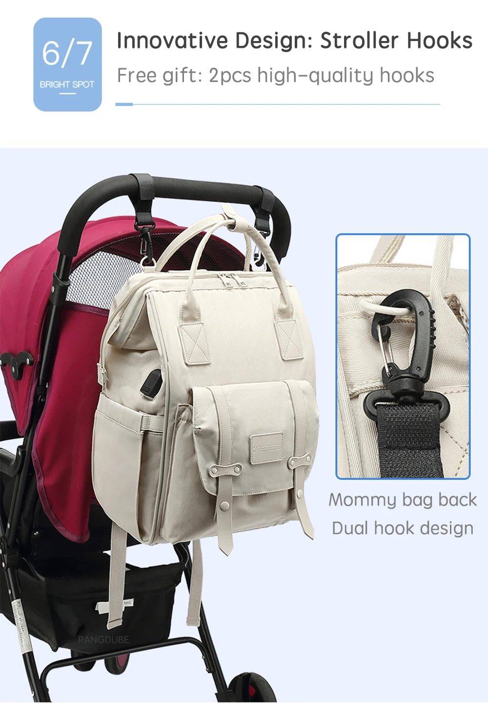 PANGDUBE Baby Nappy Bag with 2pcs Stroller Hooks Mummy Bag Backpack Waterproof Outdoor Travel Mommy Maternity Bag for Baby Stuff