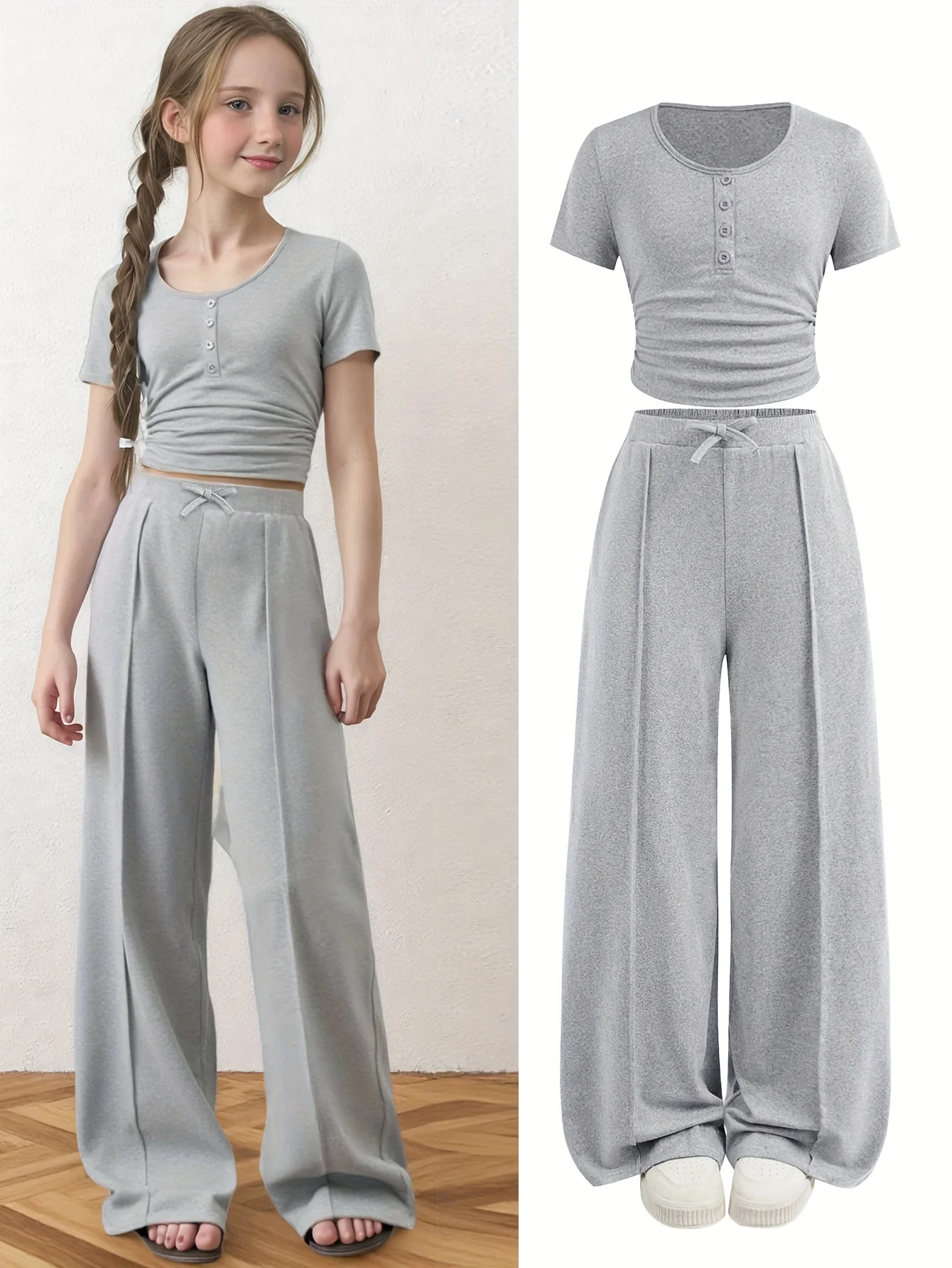 Girls' Casual Short-Sleeve Set: Summer Outfit for Girls, Casual Solid Color Round Neck T-Shirt with Decorative Buttons and Loose Straight-Leg Pants, 2-Piece Set Suitable for Girls Aged 5-13, Gray Solid Color Outfit