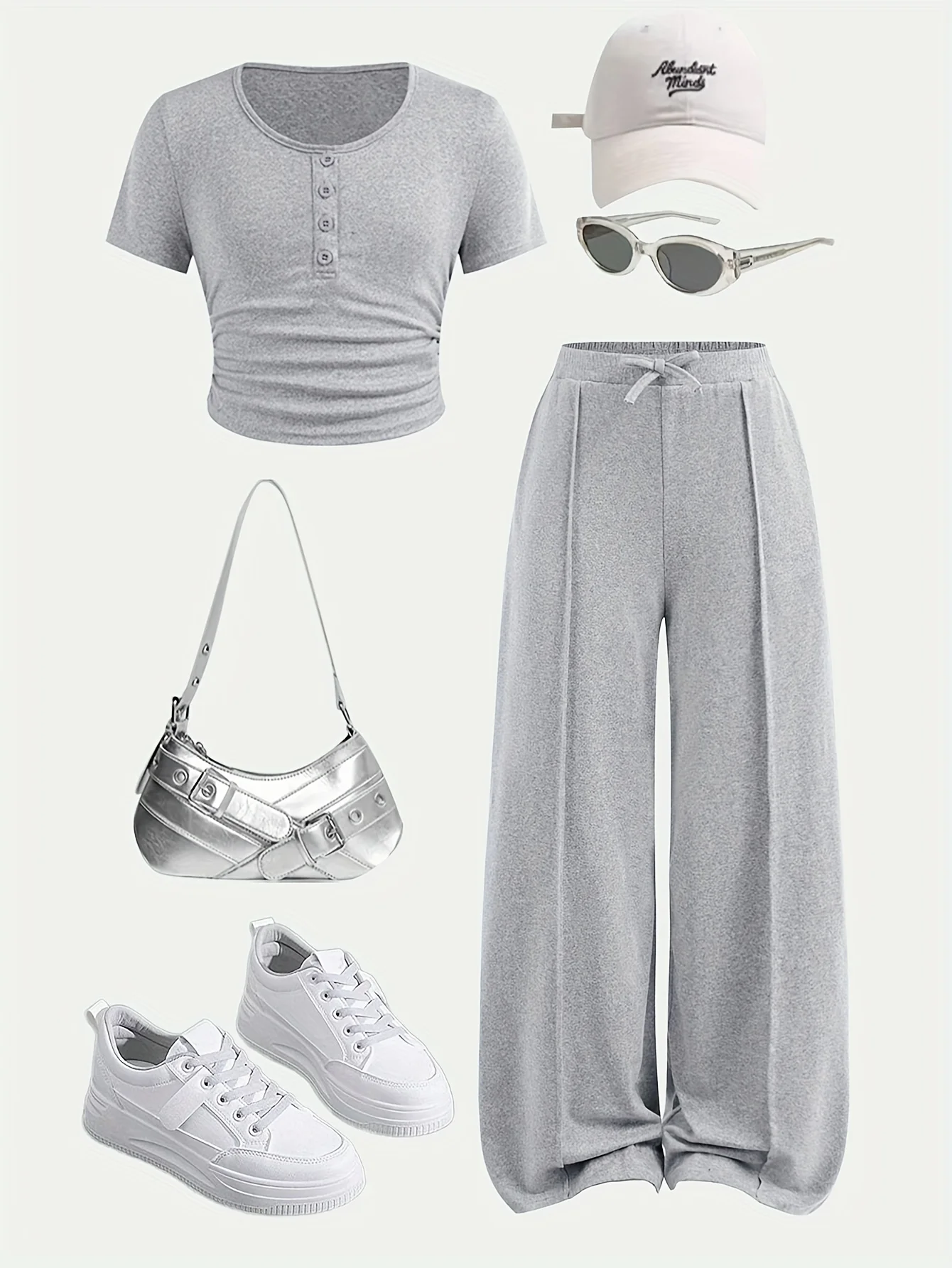 Girls' Casual Short-Sleeve Set: Summer Outfit for Girls, Casual Solid Color Round Neck T-Shirt with Decorative Buttons and Loose Straight-Leg Pants, 2-Piece Set Suitable for Girls Aged 5-13, Gray Solid Color Outfit
