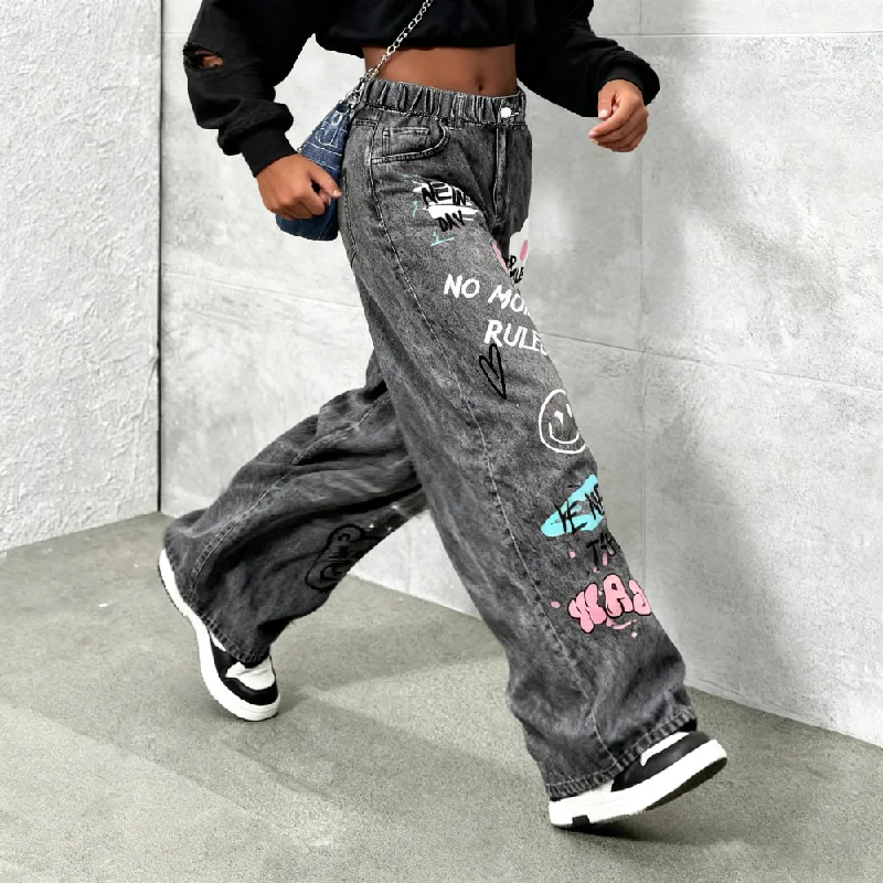 Girls' Y2K Cartoon Graffiti Print Wide Leg Faux Jeans - Teen Fashion Loose Fit Faux Jeans with Smiley Face, Butterfly and Bear P