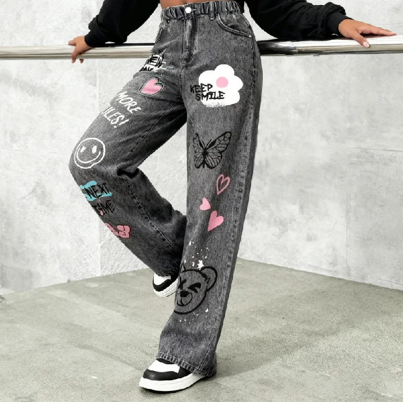 Girls' Y2K Cartoon Graffiti Print Wide Leg Faux Jeans - Teen Fashion Loose Fit Faux Jeans with Smiley Face, Butterfly and Bear P