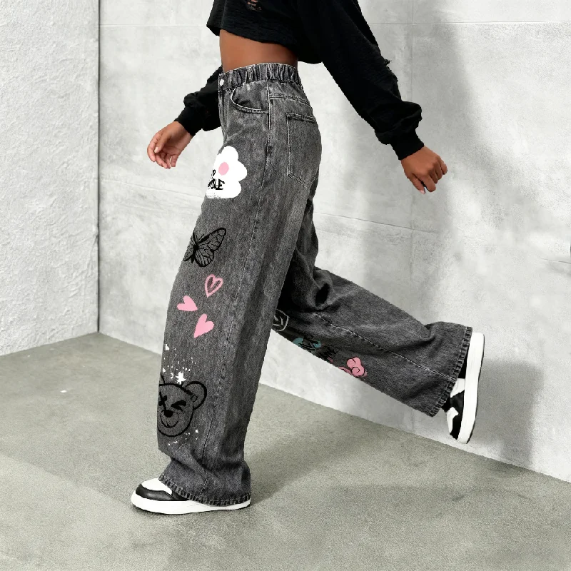 Girls' Y2K Cartoon Graffiti Print Wide Leg Faux Jeans - Teen Fashion Loose Fit Faux Jeans with Smiley Face, Butterfly and Bear P