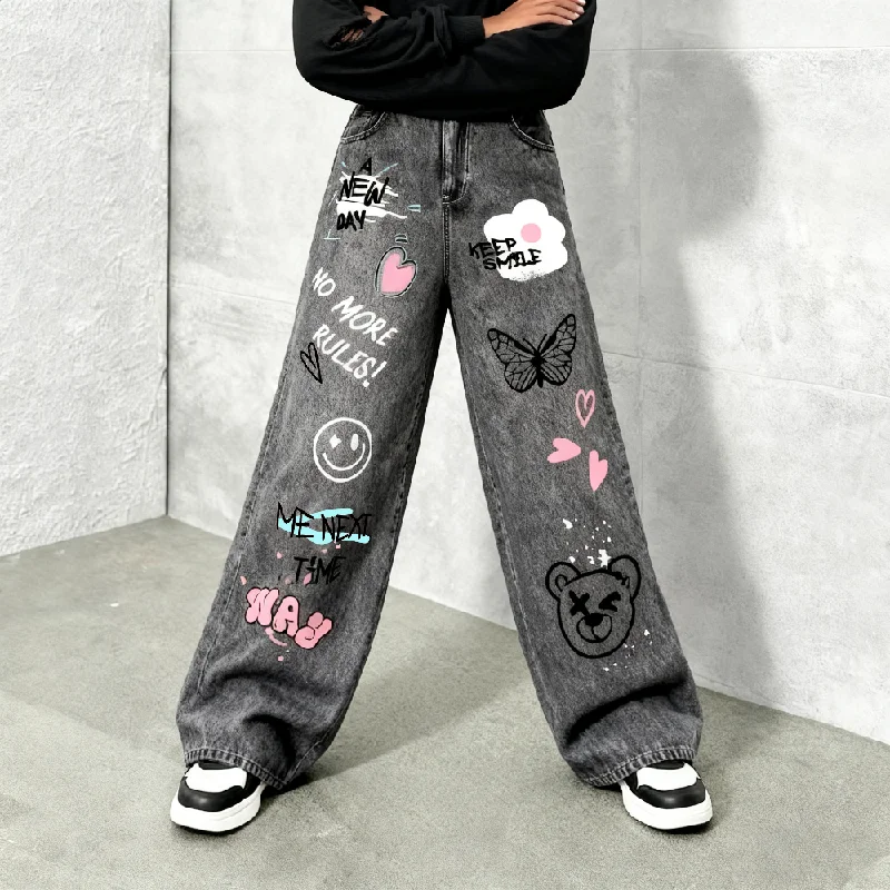 Girls' Y2K Cartoon Graffiti Print Wide Leg Faux Jeans - Teen Fashion Loose Fit Faux Jeans with Smiley Face, Butterfly and Bear P