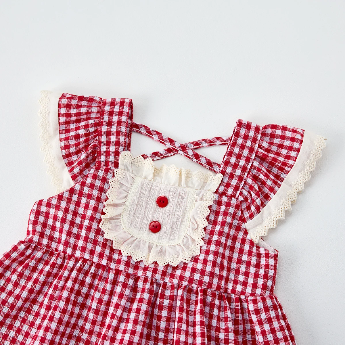 Korean-Style Summer Girl's Sweet Check Short-Sleeved Set, Cute Frilled Princess Dress + Denim Shorts for Baby Girls