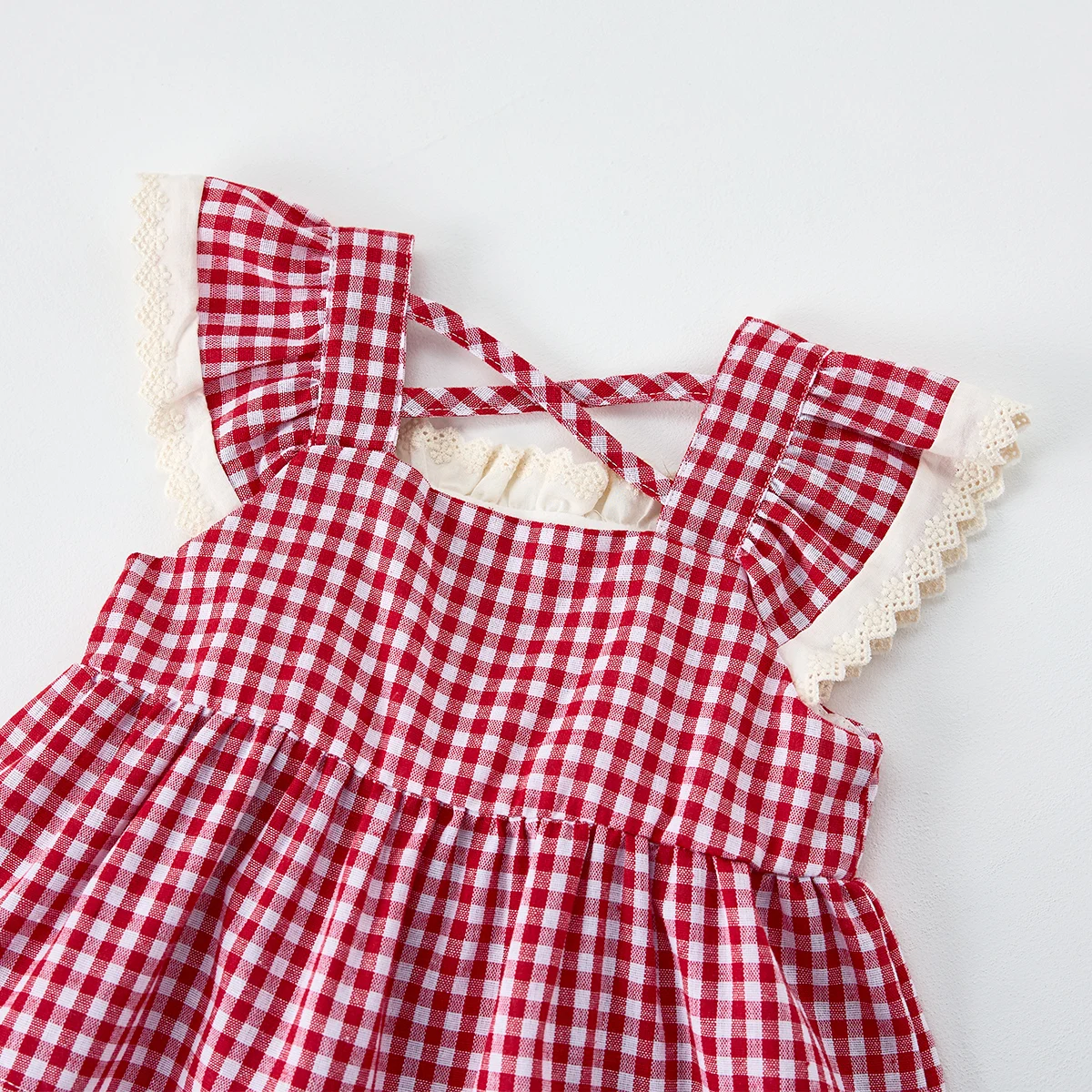 Korean-Style Summer Girl's Sweet Check Short-Sleeved Set, Cute Frilled Princess Dress + Denim Shorts for Baby Girls