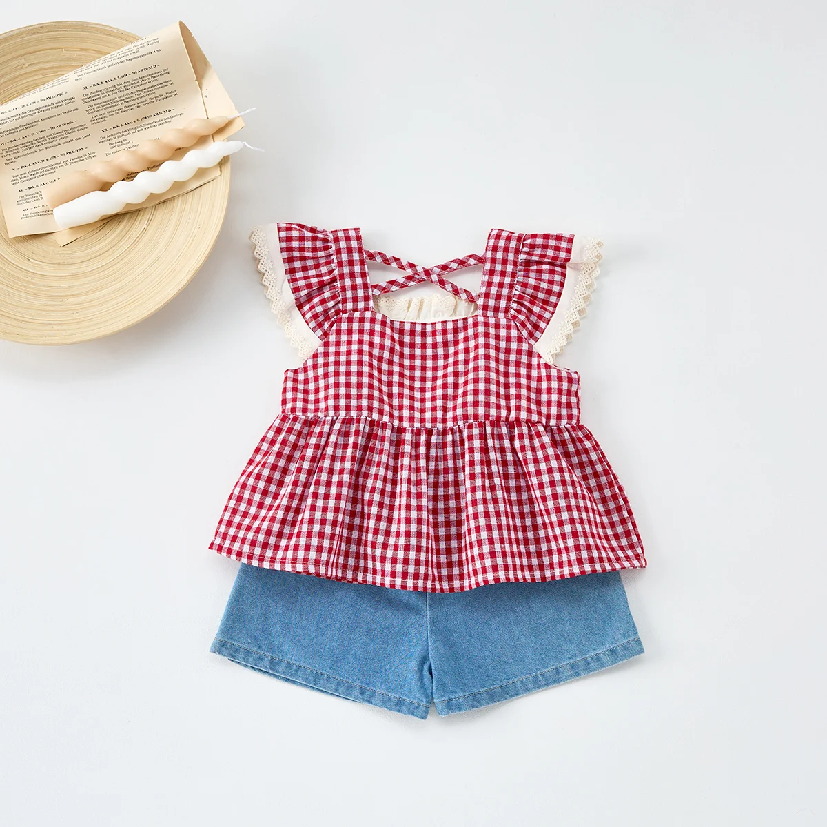 Korean-Style Summer Girl's Sweet Check Short-Sleeved Set, Cute Frilled Princess Dress + Denim Shorts for Baby Girls