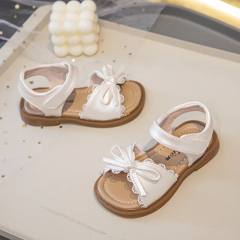 Summer Girl's Sandals With Lace Bowknot Open Toe Children's Beach Shoes for Toddlers Soft Sole Non-slip Flexiable Kids Footwear