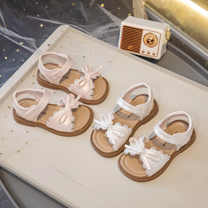 Summer Girl's Sandals With Lace Bowknot Open Toe Children's Beach Shoes for Toddlers Soft Sole Non-slip Flexiable Kids Footwear