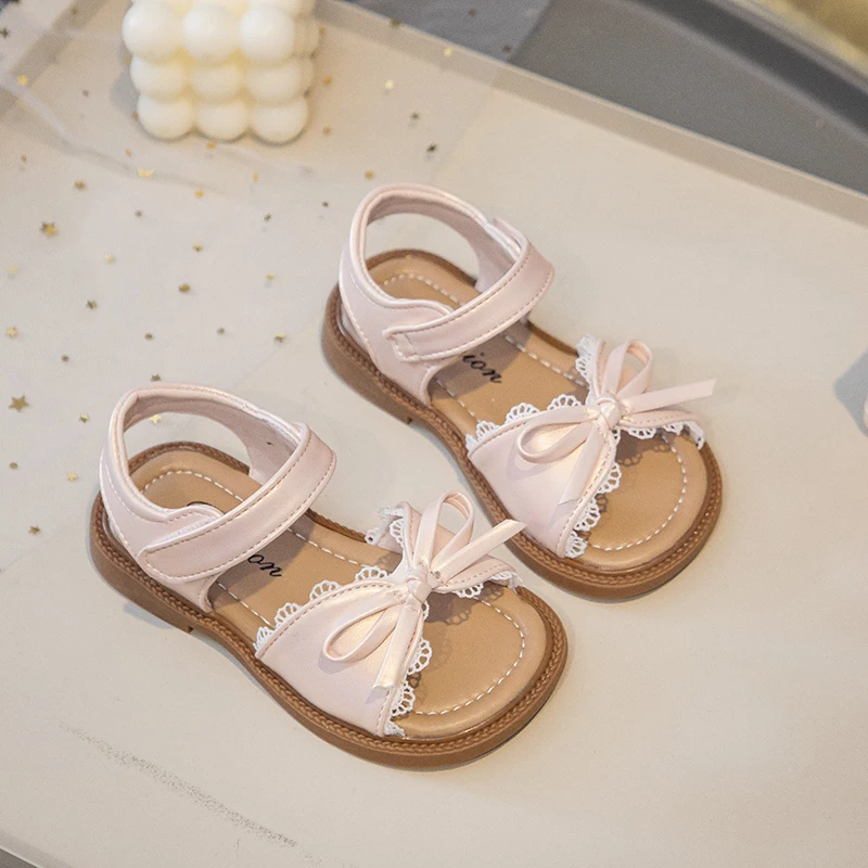 Summer Girl's Sandals With Lace Bowknot Open Toe Children's Beach Shoes for Toddlers Soft Sole Non-slip Flexiable Kids Footwear