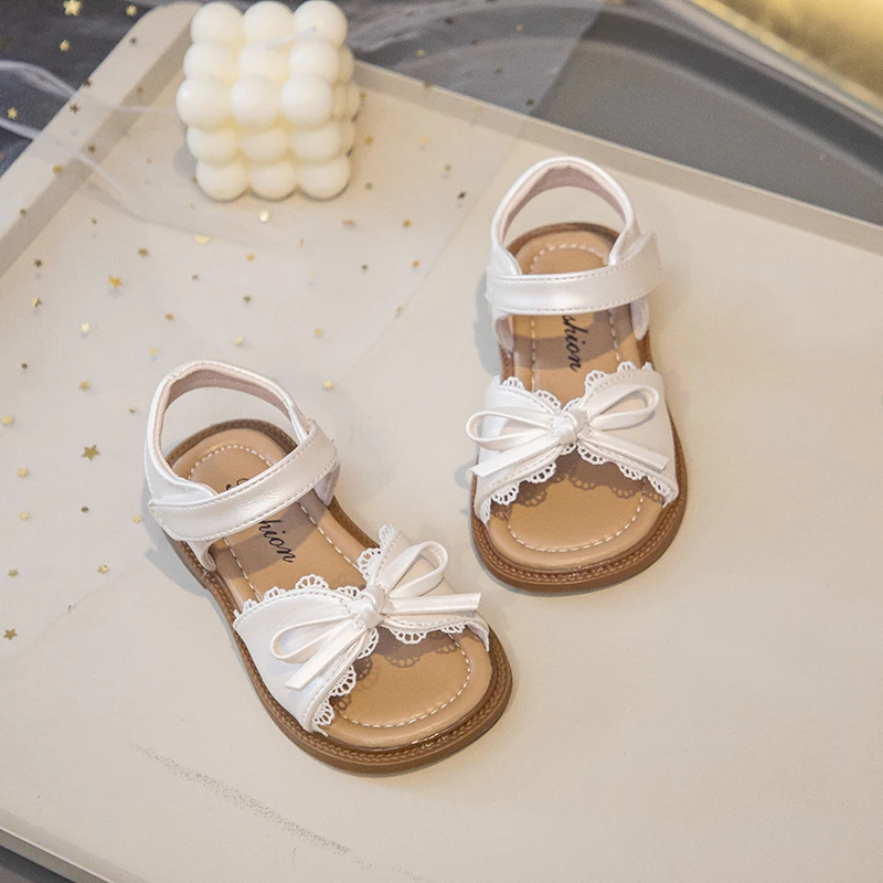 Summer Girl's Sandals With Lace Bowknot Open Toe Children's Beach Shoes for Toddlers Soft Sole Non-slip Flexiable Kids Footwear