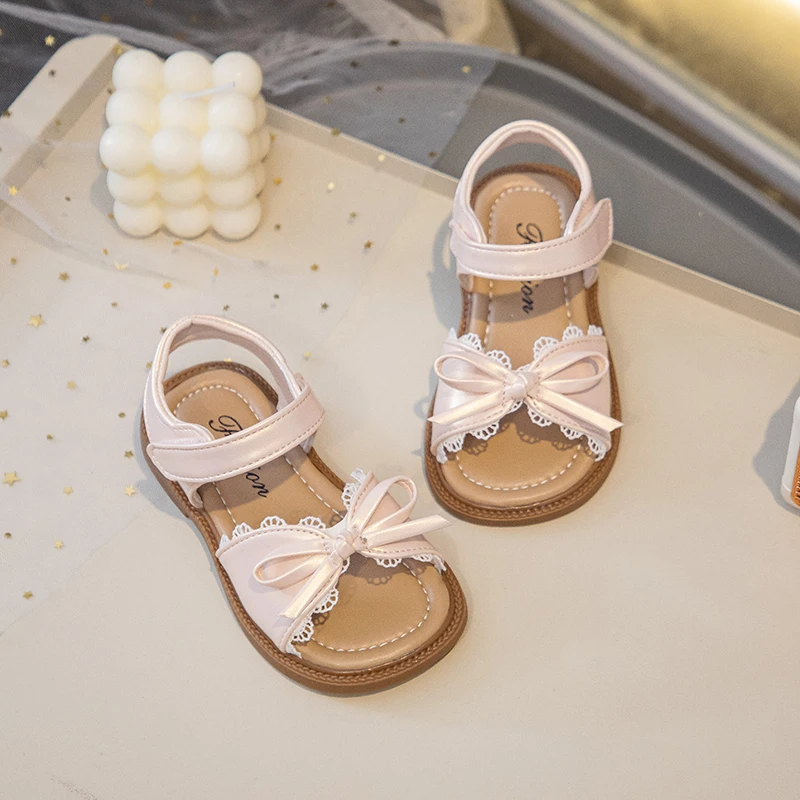 Summer Girl's Sandals With Lace Bowknot Open Toe Children's Beach Shoes for Toddlers Soft Sole Non-slip Flexiable Kids Footwear