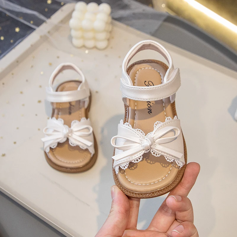 Summer Girl's Sandals With Lace Bowknot Open Toe Children's Beach Shoes for Toddlers Soft Sole Non-slip Flexiable Kids Footwear