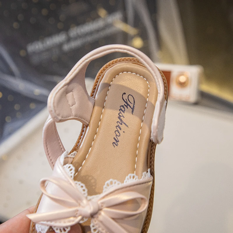 Summer Girl's Sandals With Lace Bowknot Open Toe Children's Beach Shoes for Toddlers Soft Sole Non-slip Flexiable Kids Footwear