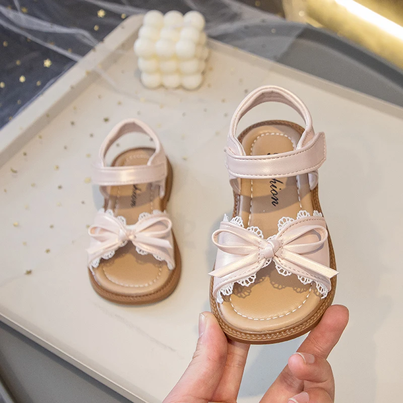 Summer Girl's Sandals With Lace Bowknot Open Toe Children's Beach Shoes for Toddlers Soft Sole Non-slip Flexiable Kids Footwear