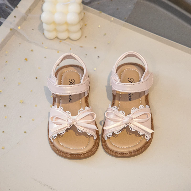 Summer Girl's Sandals With Lace Bowknot Open Toe Children's Beach Shoes for Toddlers Soft Sole Non-slip Flexiable Kids Footwear