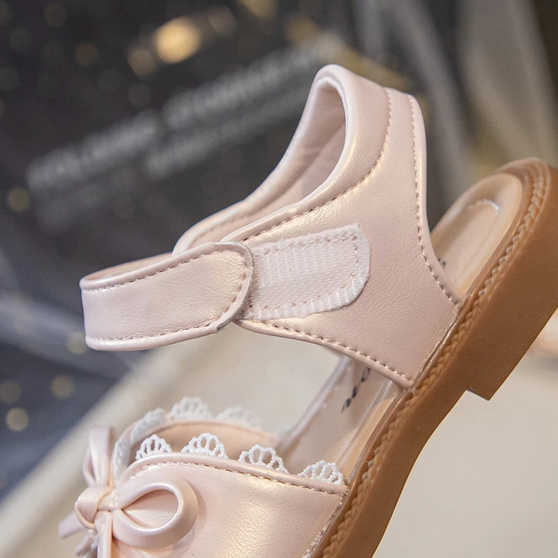 Summer Girl's Sandals With Lace Bowknot Open Toe Children's Beach Shoes for Toddlers Soft Sole Non-slip Flexiable Kids Footwear