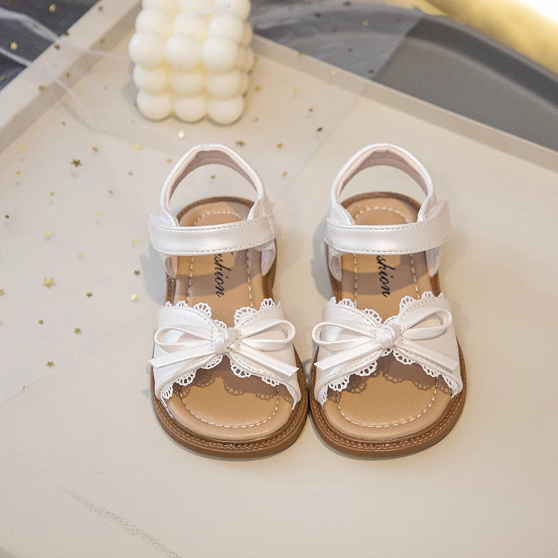 Summer Girl's Sandals With Lace Bowknot Open Toe Children's Beach Shoes for Toddlers Soft Sole Non-slip Flexiable Kids Footwear