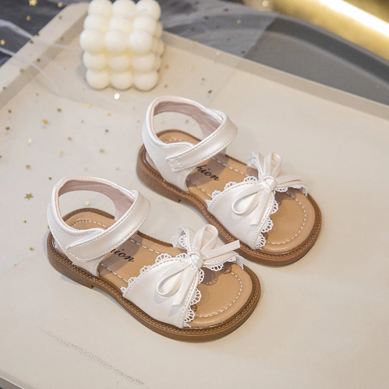 Summer Girl's Sandals With Lace Bowknot Open Toe Children's Beach Shoes for Toddlers Soft Sole Non-slip Flexiable Kids Footwear