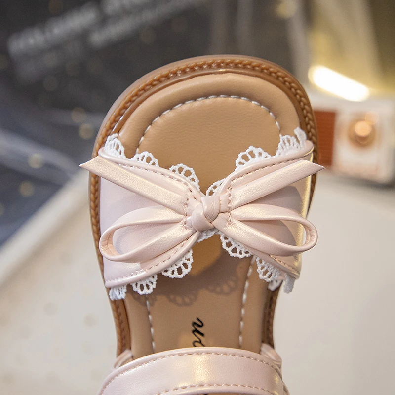 Summer Girl's Sandals With Lace Bowknot Open Toe Children's Beach Shoes for Toddlers Soft Sole Non-slip Flexiable Kids Footwear