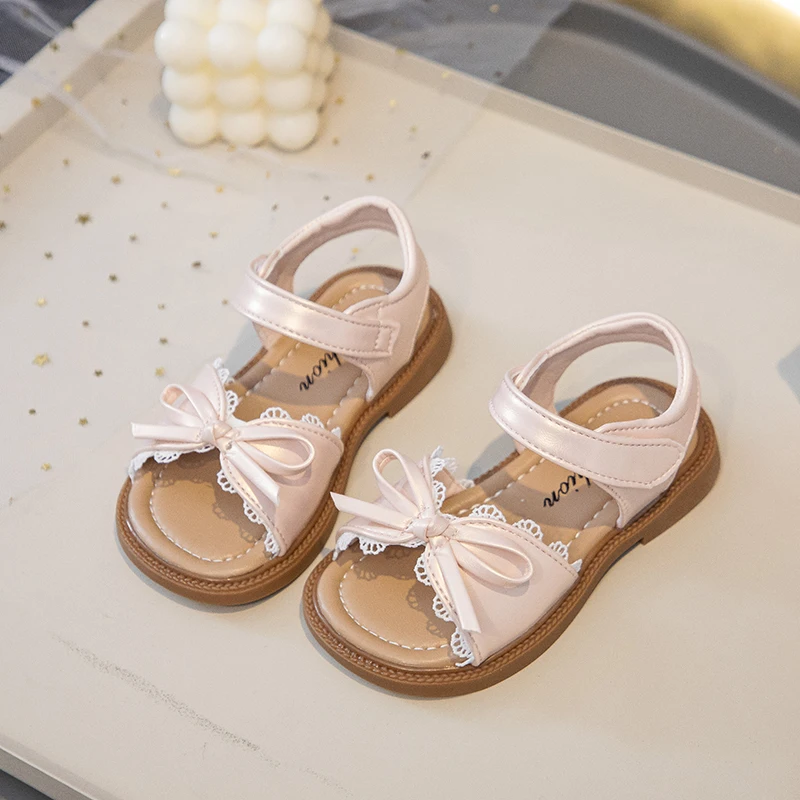 Summer Girl's Sandals With Lace Bowknot Open Toe Children's Beach Shoes for Toddlers Soft Sole Non-slip Flexiable Kids Footwear