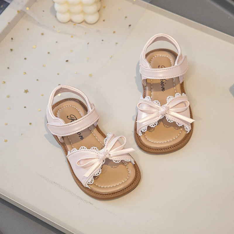 Summer Girl's Sandals With Lace Bowknot Open Toe Children's Beach Shoes for Toddlers Soft Sole Non-slip Flexiable Kids Footwear