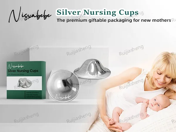 The Original Silvery Nursing Cups, 2 Pcs Trilaminate Silver Nipple Shields with 2 Silicone Proctect Rings for Breastfeeding