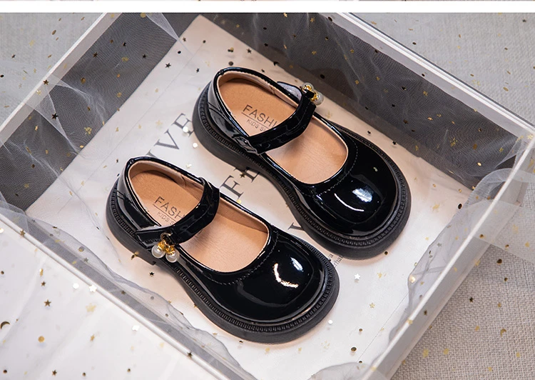 Girls Chic Leather Shoes Princess Sweet Black Mary Janes with Pearl Pendant for Wedding Party Back To School Dress Flats 26-36