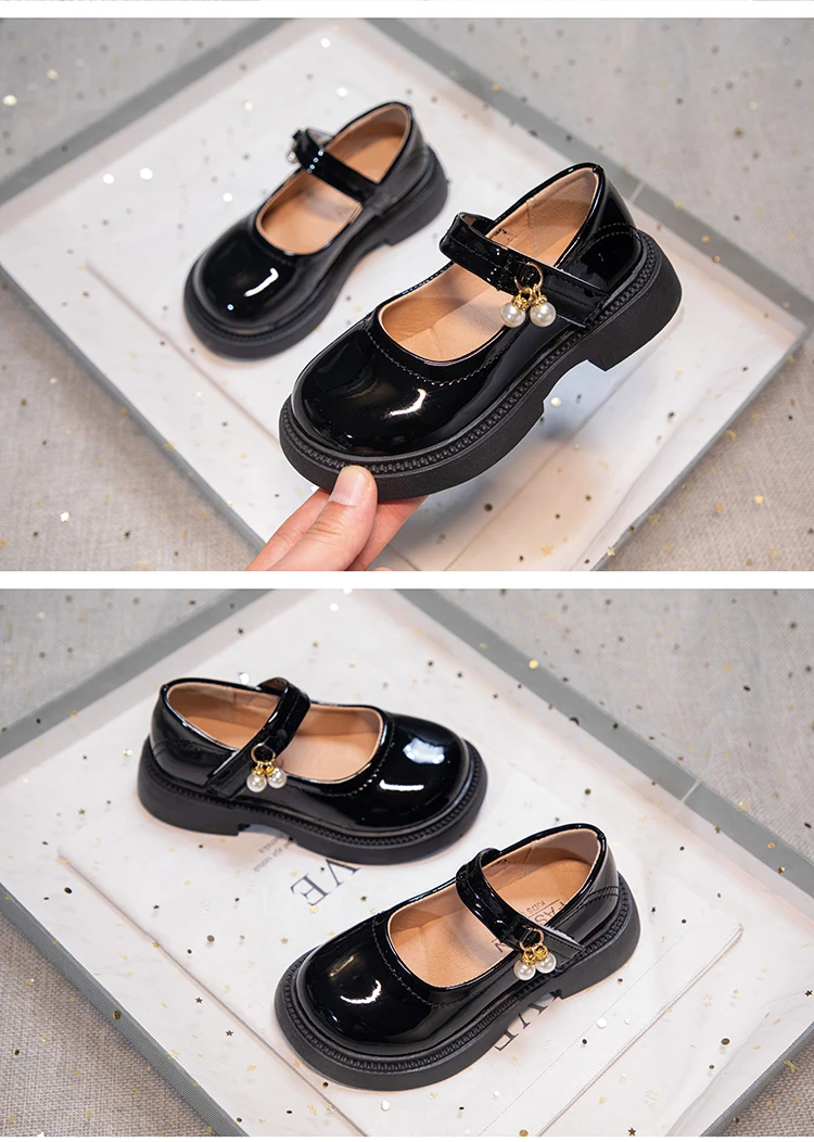 Girls Chic Leather Shoes Princess Sweet Black Mary Janes with Pearl Pendant for Wedding Party Back To School Dress Flats 26-36